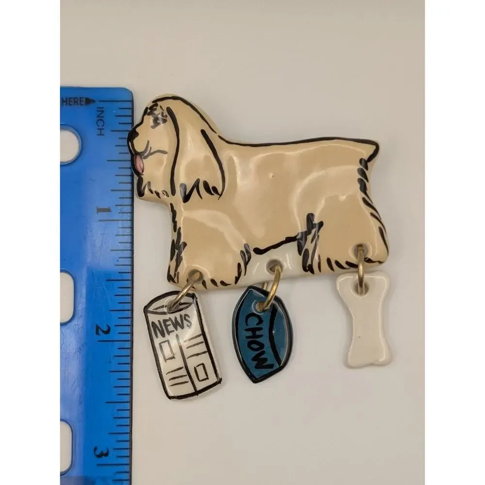 Vintage Signed Carolyn Edlund Ceramic Husky Dog Brooch with Dangles
